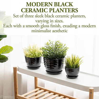 MyGift Black Ceramic Pots for Plants, 6.7+5.6+4.5 inch Flower Pots, Plant Pots Indoor with Drainage Holes and Tray, Garden Planters for Succulent and Flowers, Set of 3