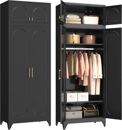 Polup Metal Armoire Wardrobe Closet, 86 Inch Tall Freestanding Wardrobe Cabinet with Hanging Rod, Bedroom Armoires with Doors, 18" D x 32" W x 86" H, Black, Assemble Required, Shipped in Two Packages