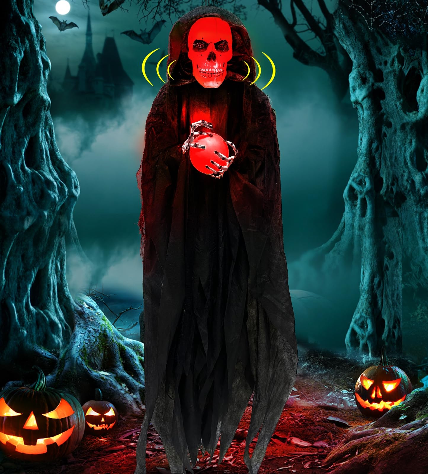 [Sound Activated] 65" Hanging Skeleton Halloween Decorations Outdoor, Halloween Animatronic Grim Reaper Skull Ghost Flash Red Head Holds LED Crystal Ball Creepy Sound for Porch Haunted House Decor