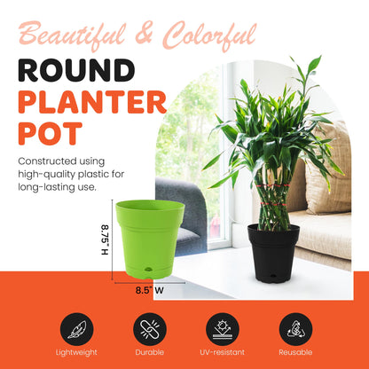 Mintra Plastic Round Planter Pots, Pack of 1 for Indoor & Outdoor Use, Garden Pots with Drainage Holes & Saucer Tray, Ideal for Home & Garden Decoration, 8.5" Diameter, 8.5" W x 8.75" H – Orange