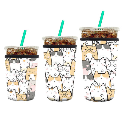 AUEKLLW 3 Pack Reusable Neoprene Insulator Sleeve for Iced Coffee Cups, Funny Coffee Cup Sleeves for 16-32oz Coffee cups, Cute Drink Sleeve for Cold Hot Beverages Cute Cats
