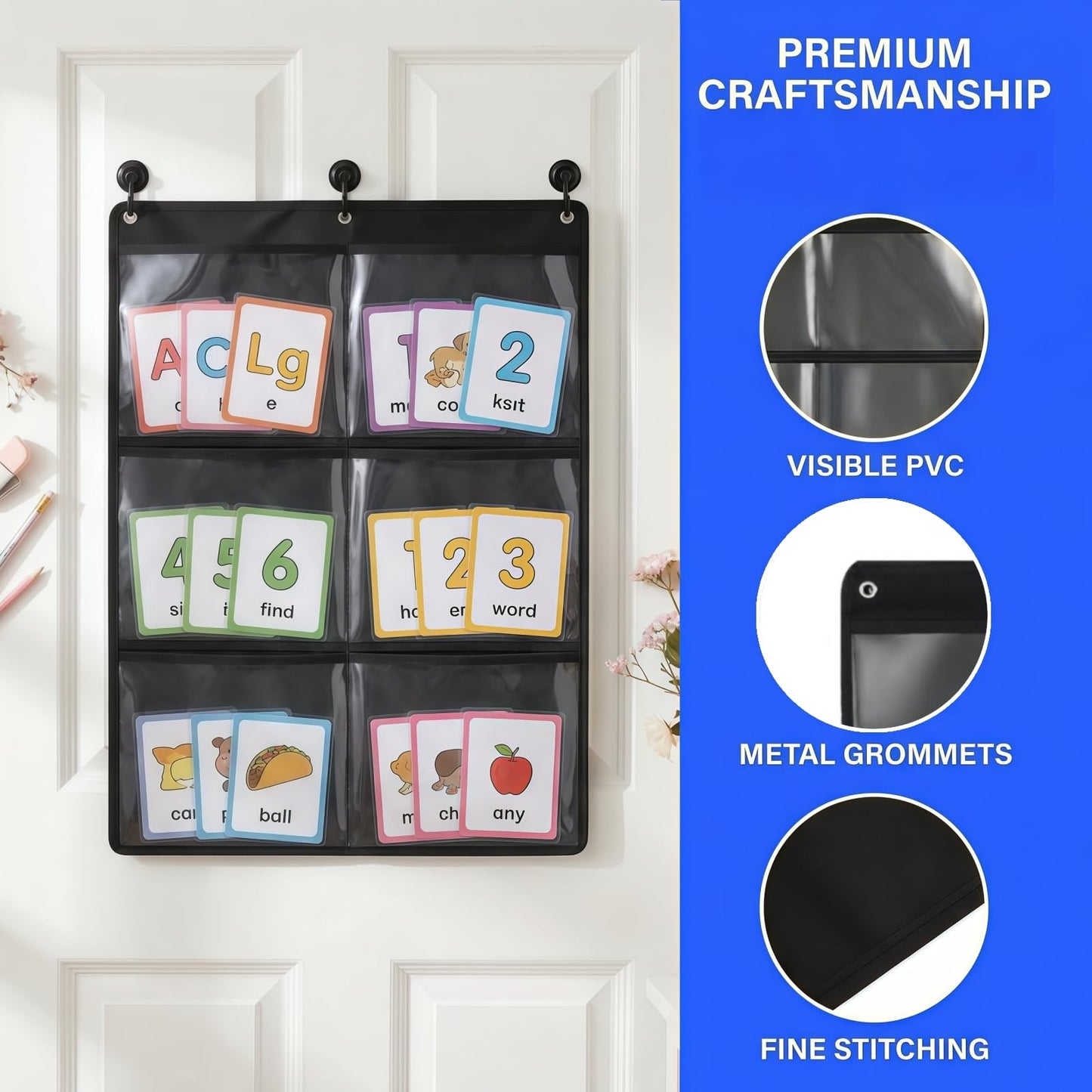 Cididu 2 Pack Pocket Chart for Classroom, Hanging Wall File Organizer with 6 Pocket, 28.3 x 24.2 In, Black Paper Storage for Cards, Drawing, Pictures, Art Display, Office, School