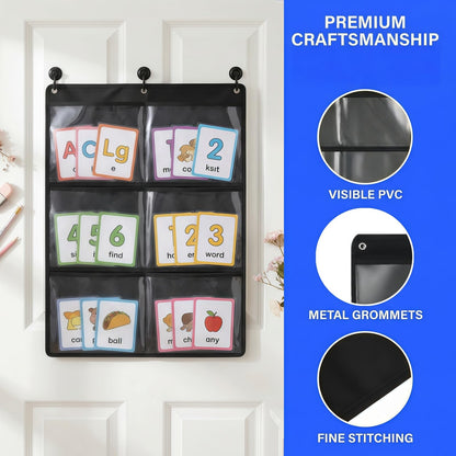 Cididu 2 Pack Pocket Chart for Classroom, Hanging Wall File Organizer with 6 Pocket, 28.3 x 24.2 In, Black Paper Storage for Cards, Drawing, Pictures, Art Display, Office, School