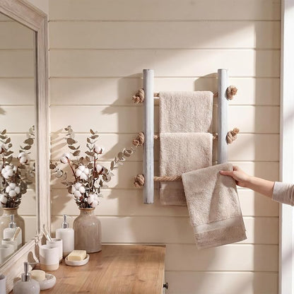 Junkin Ladder Rustic Hand Towel Holder Whitewashed Solid Wood and Rope Farmhouse Bathroom Decor Small Blanket Ladder Wall Mounted Towel Rack for Home Bathroom Decor