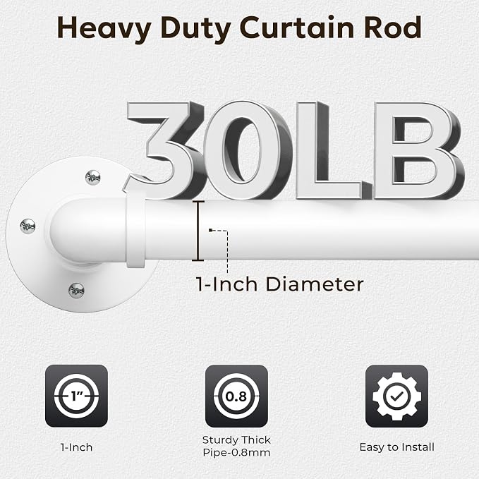 Zeerobee Curtain Rods for Windows 66 to 120, 1 Inch Industrial Wrap Around White Curtain Rod, Indoor/Outdoor Room Divider Adjustable Drapery Pole, 66"-120"