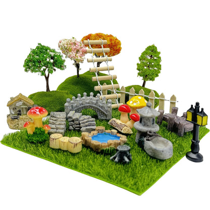 Julang 23 Pcs Fairy Garden Miniatures Jumping Spider Enclosure Accessories, Mini Bridge Fence Pond Street Lamps Mushroom Lawn Figurines Garden Decorations for Jumping Spider Habitat