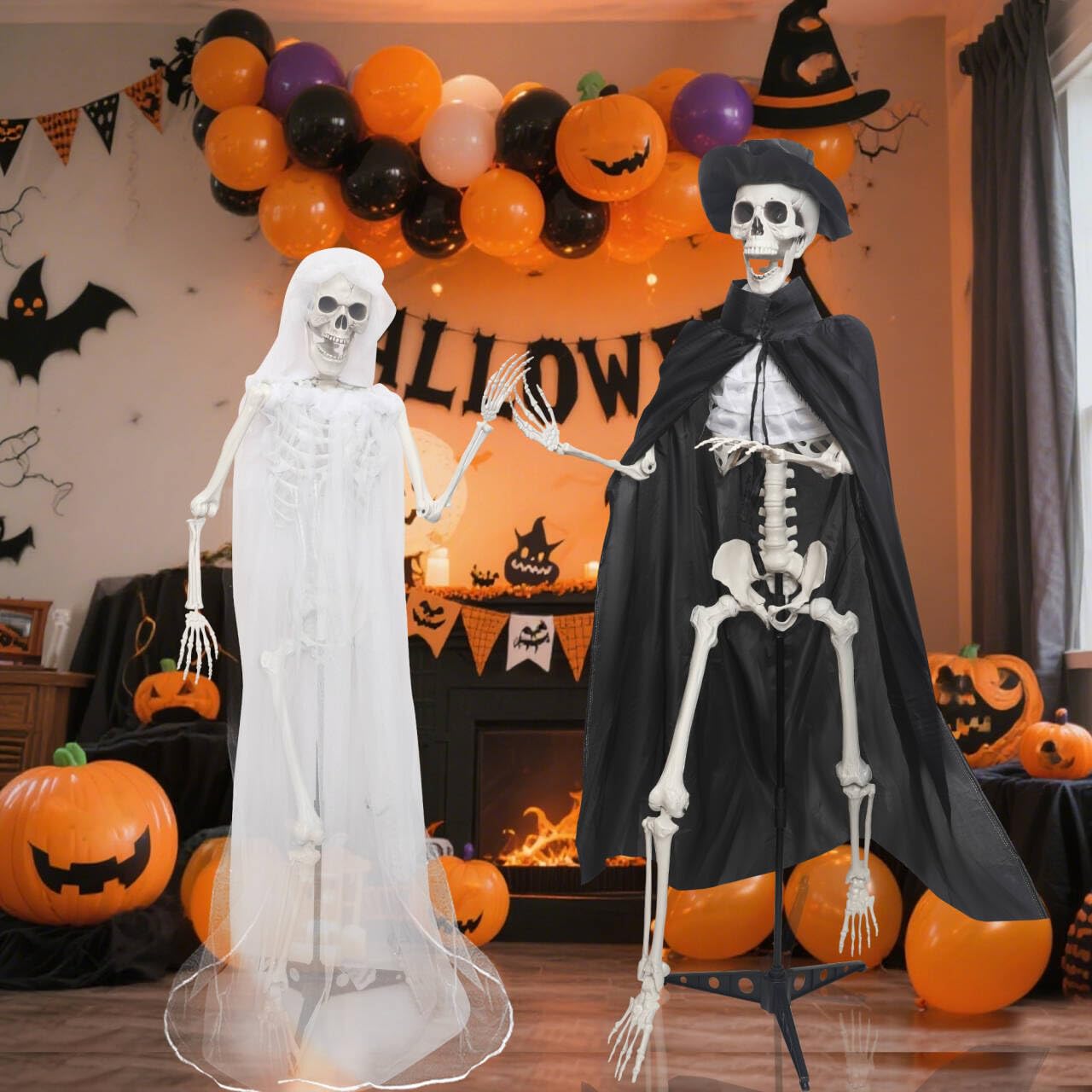 2PC 5.4Ft Life Size Skeletons with Stand Gothic Skeleton Bride and Groom Plastic Skeleton with Movable Joints for Halloween Party Haunted House Front Lawn Decoration