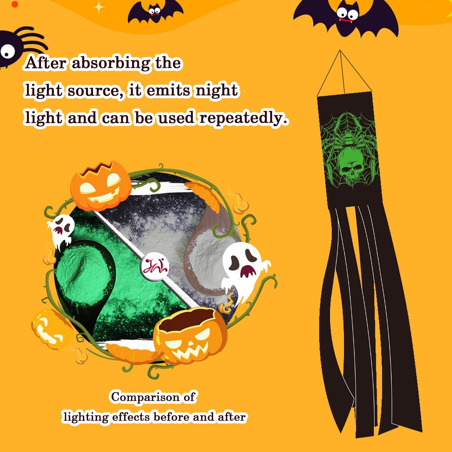 Luminous Halloween Windsock Flag,2 Pcs Black Happy Halloween Skull Spider Evil Face Outdoor Hanging Decoration Fluorescent Holiday Windsocks for Garden Patio Lawn Front Yard Tree Party Decor
