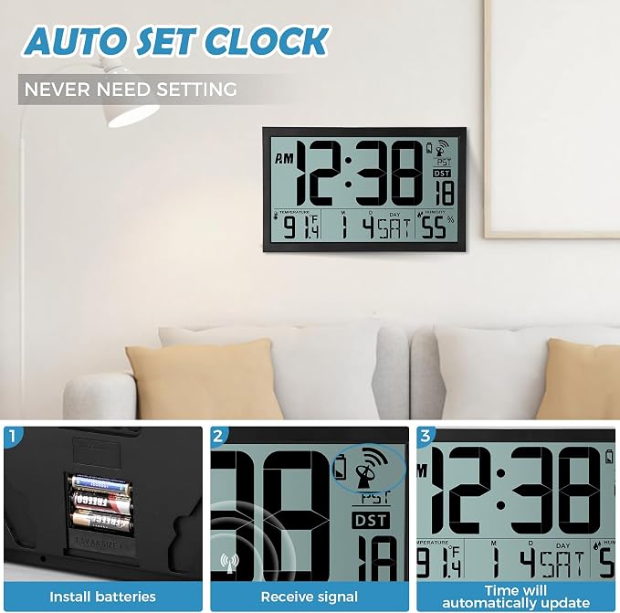Amgico Digital Wall Clock,16.7" Large Display Atomic Clock, Battery Operated,Digital Calendar Auto Setting with Indoor Temperature, Humidity,Date,Day,Auto DST Desk Clock for Elderly Bedroom Classroom