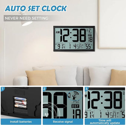 Amgico Digital Wall Clock,16.7" Large Display Atomic Clock, Battery Operated,Digital Calendar Auto Setting with Indoor Temperature, Humidity,Date,Day,Auto DST Desk Clock for Elderly Bedroom Classroom