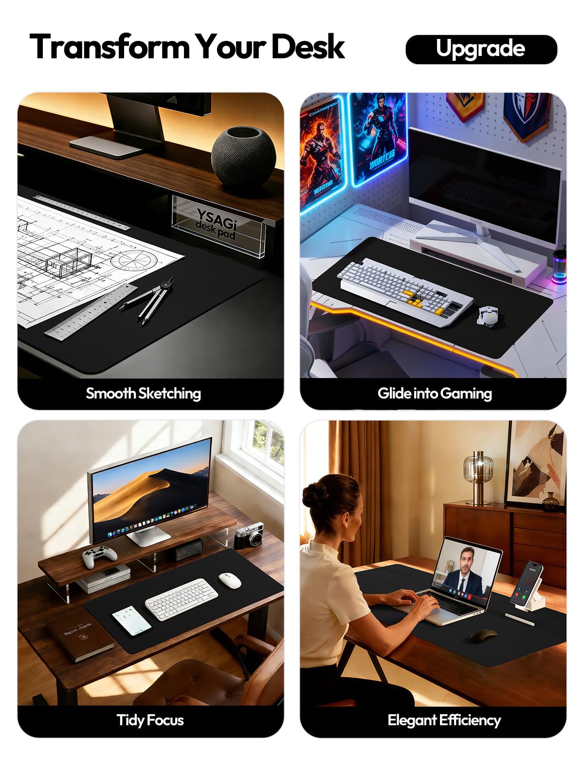 YSAGi Leather Desk Protector, Office Mat, Large Mouse Mat, Non-Slip PU Leather Blotter, Laptop Desk Mat, Waterproof Writing Pad for Office and Home (Black, 31.5" x 15.8")