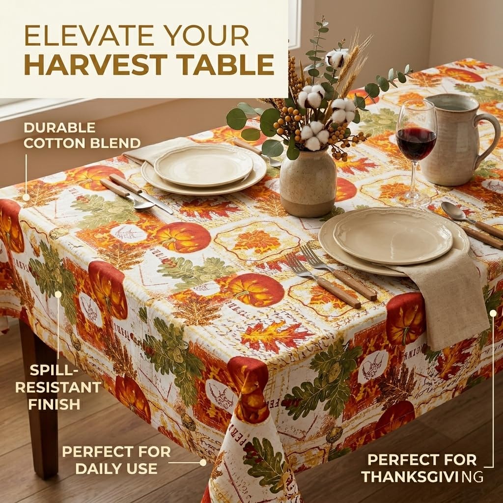 HOMETYGER Cotton Tablecloth 59 x 31 Inch,Rectangular Table Cover for Kitchen Dining Table, Washable Decorative Tablecloth for Everyday Use (Orange Pumpkin)