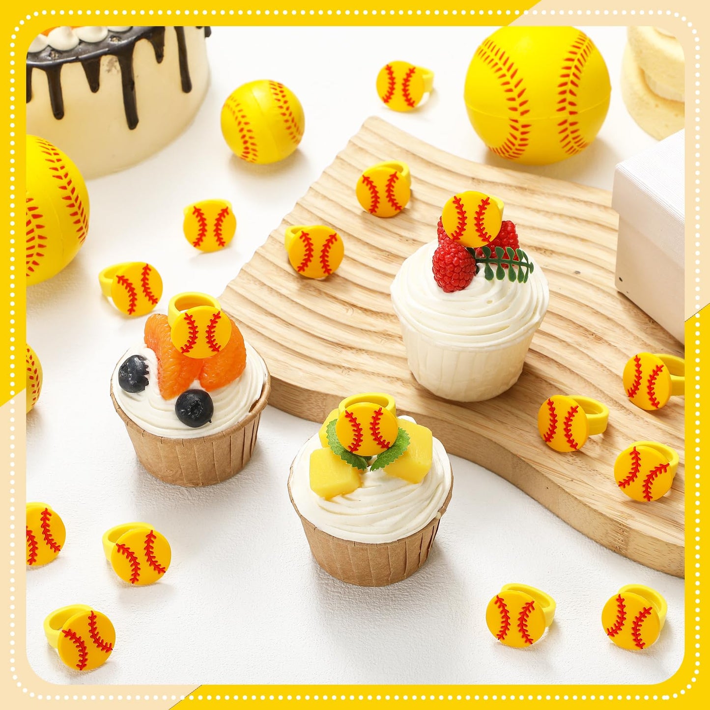Honeydak 48 Pcs Softball Cupcake Rings Toppers Decoration Sport Ball Theme Cake Picks Softball Senior Night Party Decoration Sport Cupcake Toppers Rings for Birthday Party Supplies