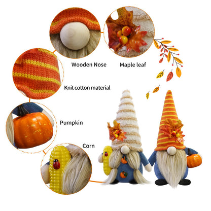 CRCZK Thanksgiving Gnome Decorations for Home, 2Pack Handmade Thanksgiving Gnome Plush Decor Swedish Gnomes Ornaments with Pumpkin Corn Maple Leaves Fall Gifts Autumn Holiday Home Kitchen Decorations