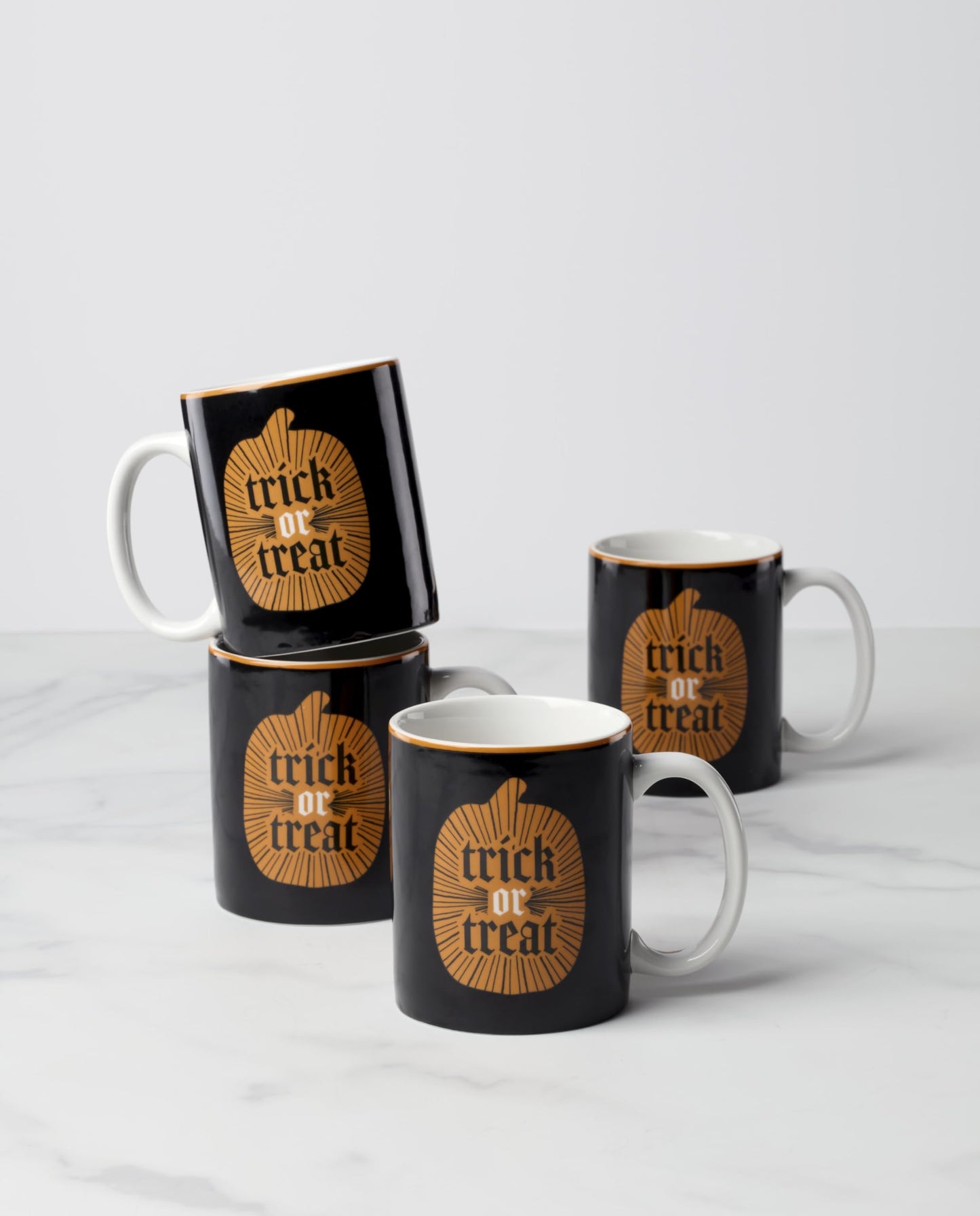 Oneida Coffee Mugs, Vintro Halloween Trick or Trick 10 Oz Mugs Set of 4, Porcelain, Spooky Drinkware Set, Dishwasher Safe, Microwave Safe, Halloween Decor Indoor, Pumpkin Decor (Orange/Black, 4 Piece)