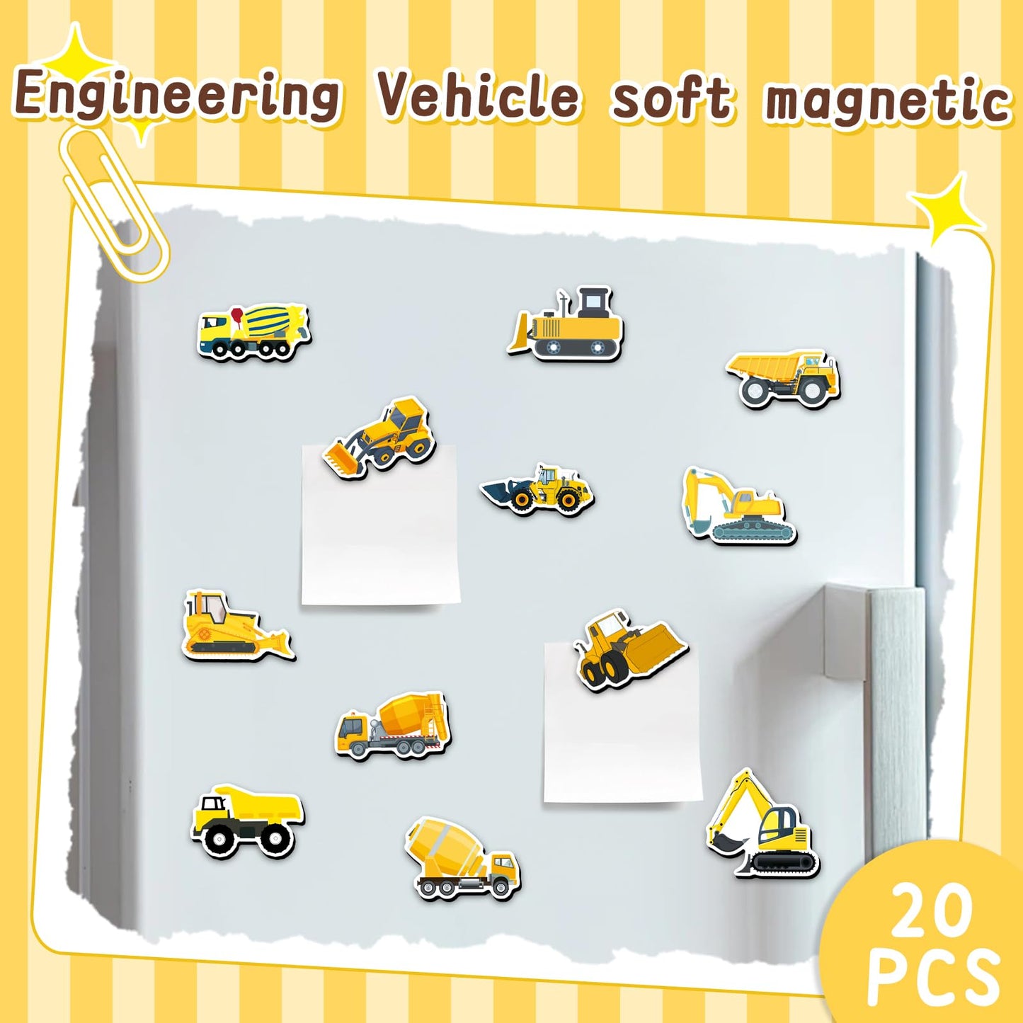20 Pcs Cartoon Construction Vehicle Refrigerator Magnets, Thickened Cardstock Soft Magnet Construction Truck Magnets for Fridge Magnetic Board, Vehicle-Themed Gift Magnets(Engineering Vehicle)