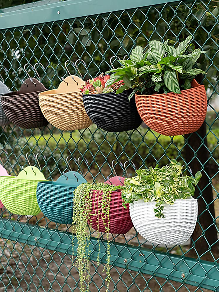 Hanging Planter Pot, Wall and Railing Hanging Planters with S Hooks, Half Round Imitation Rattan European Style Wall Flowerpot Rustic Decorative Flower Basket for Home Balcony(#2pcs 26 * 20.5cm Grey)
