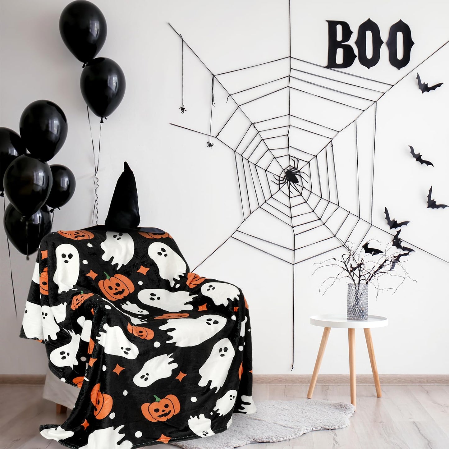 JarThenaAMCS Halloween Fuzzy Flannel Blanket Boo Ghost Pumpkin Throw Blanket Black Soft Blankets for Farmhouse Home Sofa Chair Bed Couch, 60 x 70 Inch