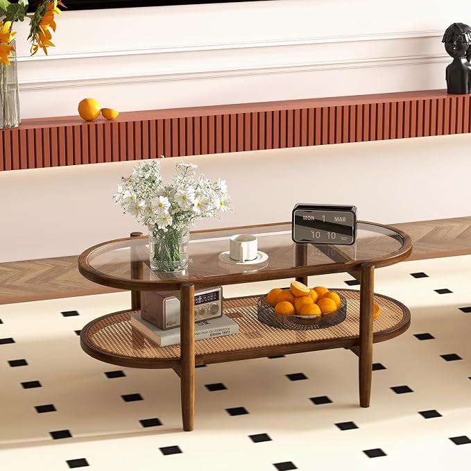 Giantex Rattan Coffee Table, 2-Tier Oval Acacia Wood Tea Table w/Tempered Glass Tabletop & PE Rattan Storage Shelf, Boho Cocktail Tables, Mid Century Modern Center Table for Living Room Office, Brown