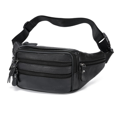 OrrinSports Black Leather Fanny Pack for Men & Women, Fashionable Multi-Pockets Waist Belt Bag for Travel Sports Hiking Cycling Fishing Running