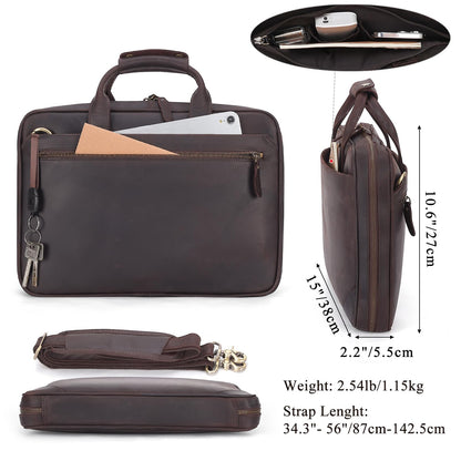Masa Kawa Leather Slim Briefcase for Men Fits 14" Laptop, Crossbody Shoulder Messenger Computer Bag Vintage Business Work Lawyer Attache Case