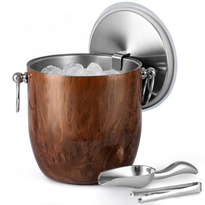 Golden Cudgel Insulated Ice Bucket, 3L Double Wall Stainless Steel Ice Bucket with Tongs,Lid, Scoop and Strainer, Ice Buckets for Parties,Cocktail Bars, Chilling Beer, Champagne, Wine Bottles,Wood