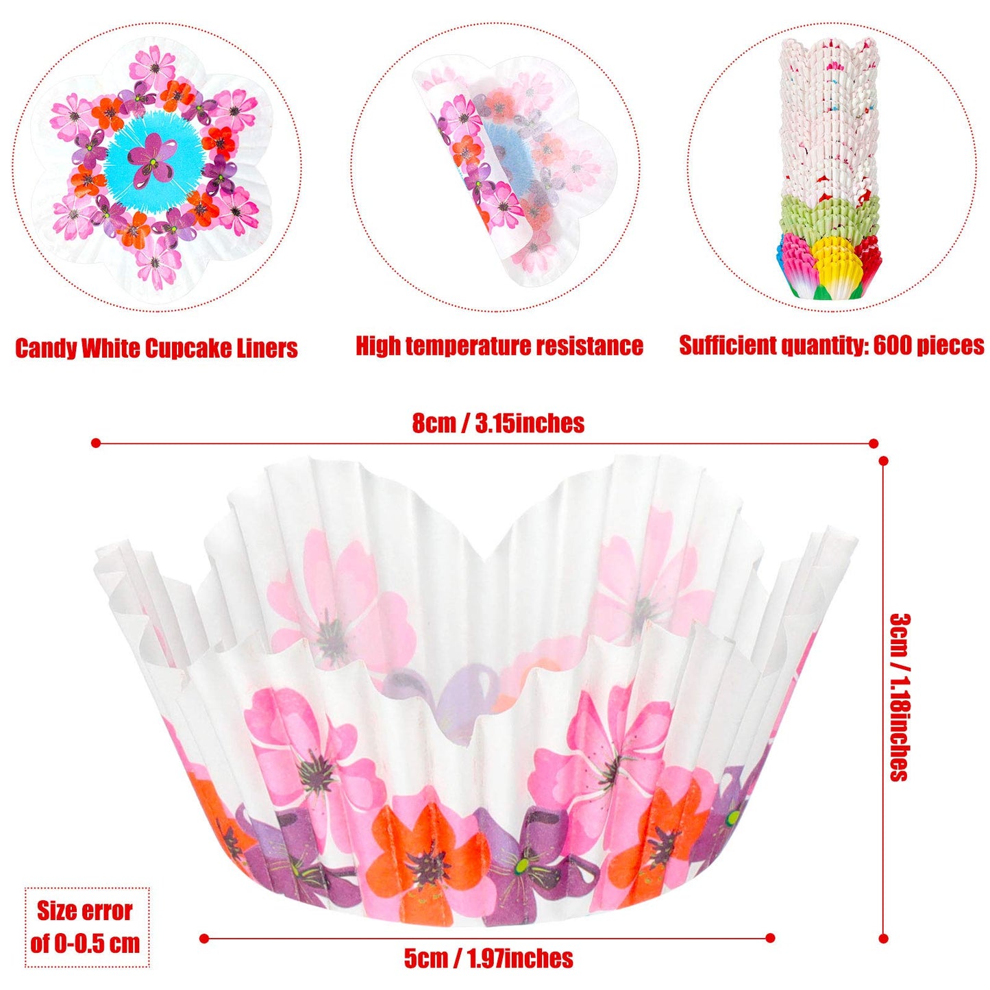 Patelai 600 Pcs Flowers Cupcake Liners Disposable Colorful Paper Baking Cups Disposable Floral Cupcake Wrappers Muffin Liners for Spring Summer Boho Wedding Birthday Shower Bridal Party
