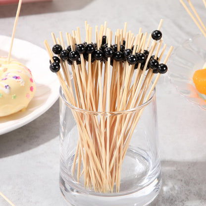 Reallnaive 600 Pcs Cocktail Pick Pearl Fancy Toothpick for Appetizer 4.7 Inch Long Skewer for Drink Fruit Food Bamboo Stick Wedding Bridal Shower Decoration Charcuterie Accessories (Black)