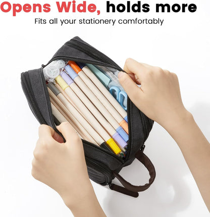 Sooez Large Pencil Case Pouch, Extra Big Pencil Pouch Pencil Bag with PU Handle & Zipper, Sturdy Pen Case with 3 Compartments, Aesthetic School College Supplies Organizer for Men Women Boys, Dark Gray