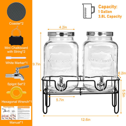 Bululuo Glass Drinks Dispenser for Parties, 2 PACK 1 Gallon Beverage Dispenser with Stand for Juice and Iced Tea, Water Jug Dispenser for Lemonade, Party Essential Beverage Pitcher with Spout