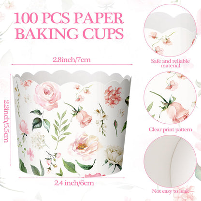 Qinyoung 150 Pcs Pink Floral Cupcake Wrappers Liners Rose Paper Baking Cups Greaseproof Disposable Scalloped Flower Cupcake Muffin Cases for Spring Summer Wedding Baby Shower Birthday Tea Party Decor