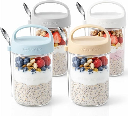 4Pack Overnight Oats Containers with Lids and Spoons,14 oz Airtight Oatmeal Container,Mason Jars with Lid for Cereal,Milk,Fruit,Yogurt,On The Go Container,Salad Jars,Glass Jars (Mixed Color)