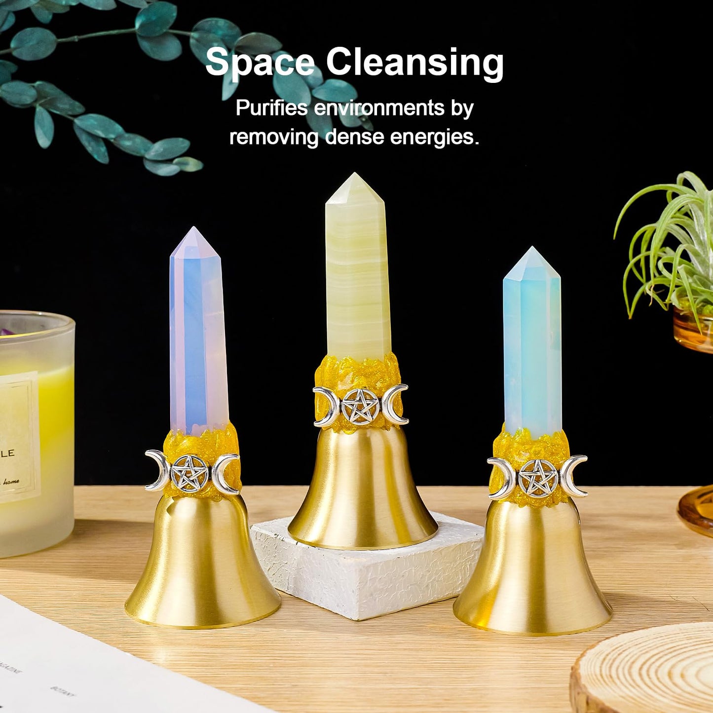 Handbells Altar Bells Natural Crystal Tower Bell Witch's Bells Hand Bell Loud Brass Call Bells for Meditation, Prayer, Reception, Pet Feeding and Home Decoration (Afghan Jade, 4.53")