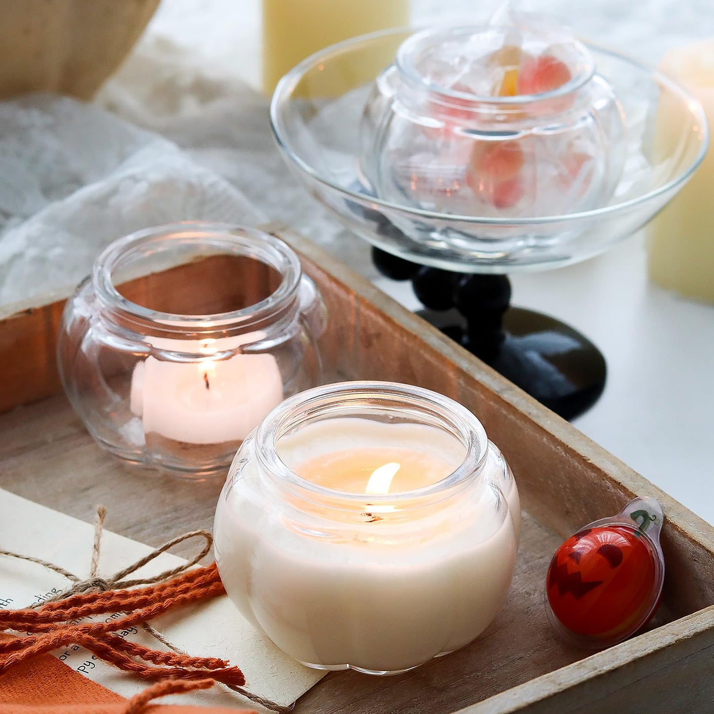 SYFURNIX Pumpkin Candle Jar for Making Candles, 4PCS Clear Glass Candle Jars with Lids, Small Candle Containers for DIY Candle Gifts Halloween Fall Thanksgiving Table Decorations