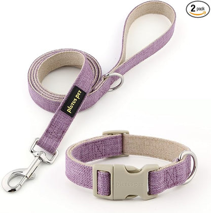 Plutus Pet Cotton Hemp Dog Collar and Leash Set, Adjustable Collar for Small, Medium, and Large Dogs, Heavy Duty and Soft on Skin, Lavender, L