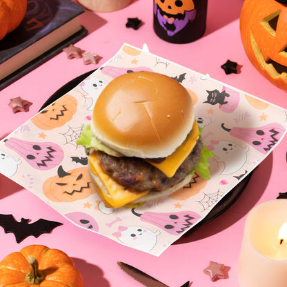 GROBRO7 Halloween Wax Paper Sheets - 150Pcs Pink Ghosts Pumpkins Bats Deli Papers, 9.8 x 8.3in Greaseproof Waterproof Food Wrap Disposable Sandwich Picnic Basket Liner Halloween Party Kitchen Supplies