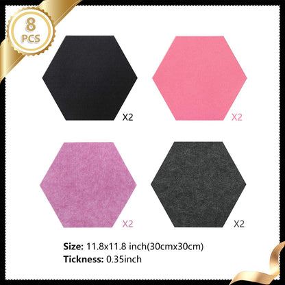 8 Packs Hexagon Felt Pin Board, 12" Bulletin Board with 30 Push Pins, Felt Board for Home Kitchen Office Decor, Self-Adhesive Corkboard Tiles for Walls School Message Photos Memos-Black White Pink