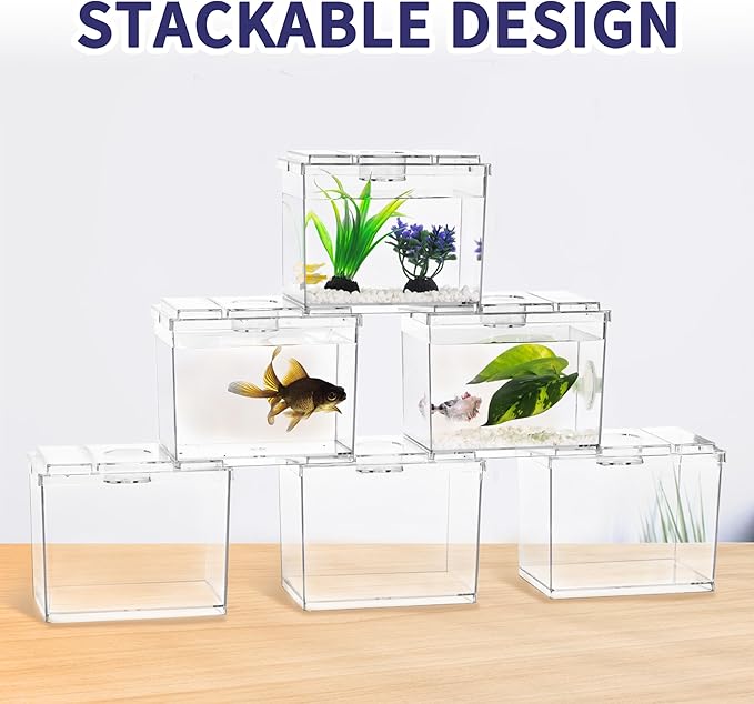 MoonOrange Mini Betta Fish Tank, Small Fish Bowl for Temporary Space, 0.2 Gallon Stackable Cube Tank with Betta Leaf and Gravels for Small Fish, Insect, Shrimp, Crab, Spider.(Pack-1)