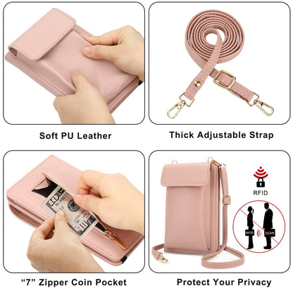 DOB SECHS Leather Passport Wallet Crossbody Phone Bag, RFID Blocking Passport Holder Credit Cards Case for Women, Travel Accessories Organizer Neck Wallet Pouch Bag with Adjustable Strap, Pink