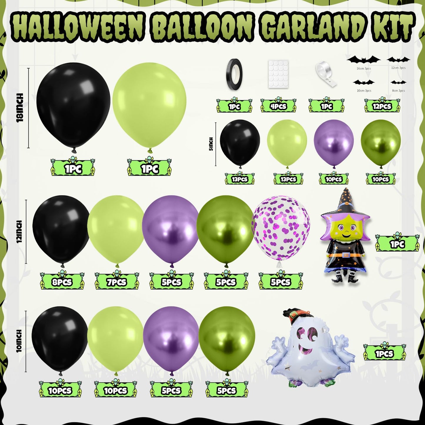Halloween Balloon Arch Garland Kit, Black Green Purple Metallic Confetti Ghost Witch Foil Balloons with 3D Bat Stickers for Halloween Baby Shower Party Decorations Cosplay Theme Party