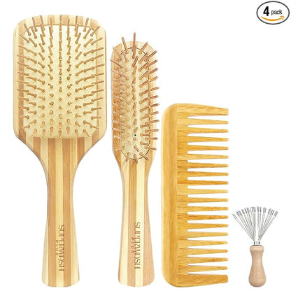 Bamboo Hair Brush Comb Set for Women Men, Wood Bristle Paddle Detangling Brush, Wide Tooth Comb for Curly Wavy Thick Thin Wet Dry Hair, Brush Cleaning Tool Included - 4 Pack