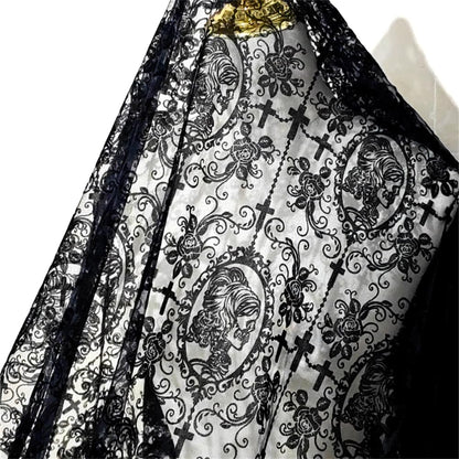 55 Inch Lace Fabric Soft Black Skull Lace Fabric Cross Floral Tulle Fabric for DIY Dress Top Dress Sew,Party Overlay,Curtains,Tablecloth,Halloween Decor (Black (1 Yard))