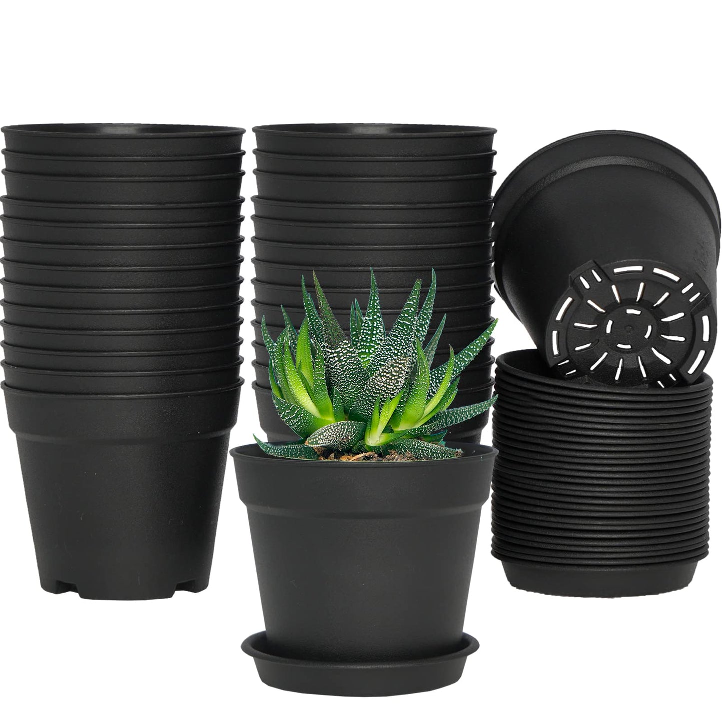 SwinDuck 4 inch Small Plant Pots, 28 Pack Plastic Planters with Drainage Holes and Saucers for Flowers Plants, Succulents, Seed Starting Pots, Black