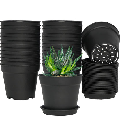 SwinDuck 4 inch Small Plant Pots, 28 Pack Plastic Planters with Drainage Holes and Saucers for Flowers Plants, Succulents, Seed Starting Pots, Black