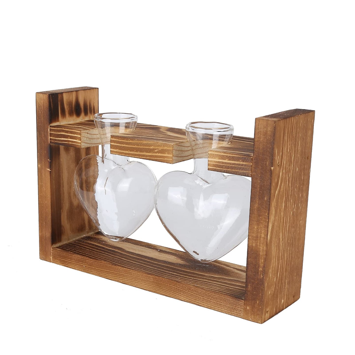 Flower Vase, Glass Desktop Planter Plant Terrarium Kit Desktop Propagation Station Glass Flower Vase with Wooden Holder for Wedding Decoration (Retro Frame + 3 Heart Bottle)