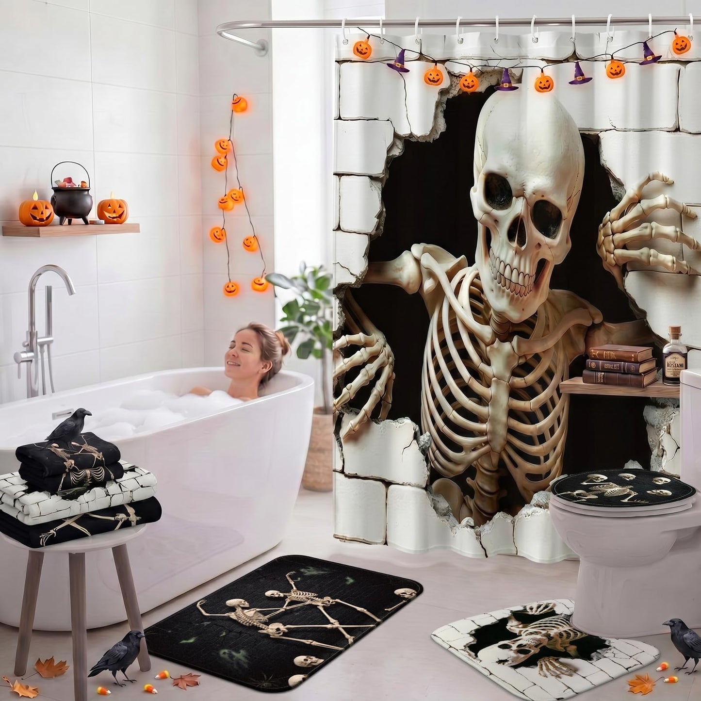FuWeave 8 Pcs Halloween Shower Curtain Set, Skeleton Breakthrough Bathroom Decor with 3D Wall-Breaking Skull, Include Non-Slip Bath Mat, Toilet Lid Cover, Towels and 12 Hooks for Gothic Bathroom