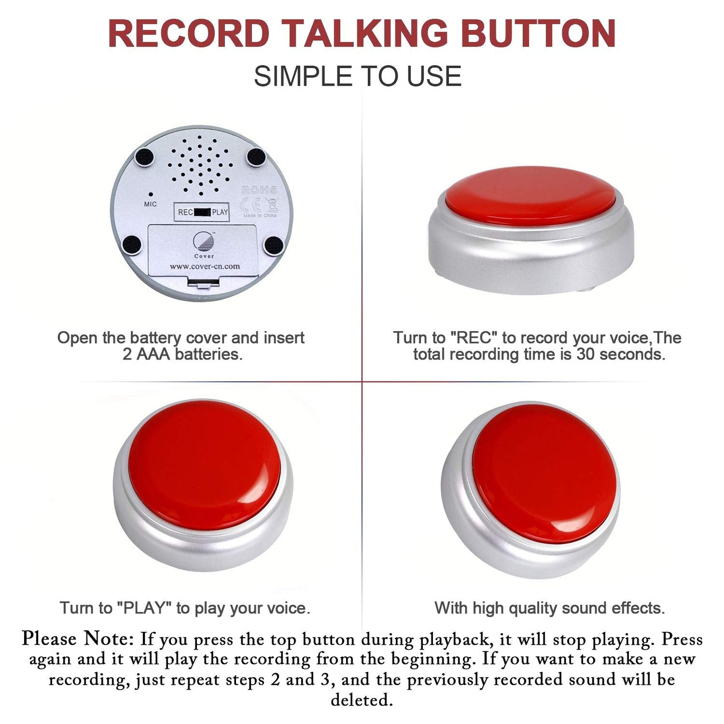 Sound Button- 30 Seconds Custom Recordable Talking Button-Record & Playback Your Own Message-Quality Voice Sound Recorder-Answer Buzzer (RED+Sliver)