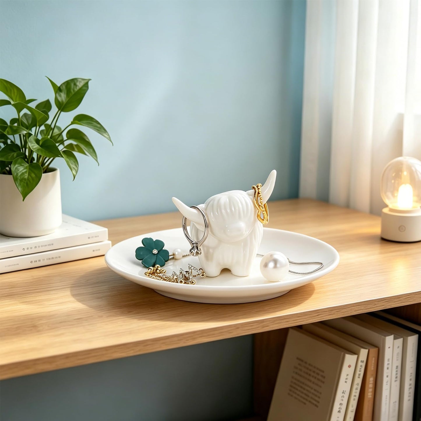 Highland Cow Ring Holder Dish Cute Unique Ceramic jewelry Dish Tray Home Decor Gift for Women Girls Birthday Wedding Graduation Valentines, Jewelry Plate Organizer for Earrings Bracelets Necklace