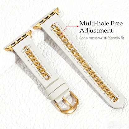 Handodo Italian genuine leather apple watch band with Gold Chain Details, Compatible with Apple Watch Series 11 10 9 8 7 6 5 4 3 2 1 SE SE2 Ultra 2/3, iwatch bands for women men 40mm 38mm 41mm 42mm 44mm 45mm 46mm, SGS Certified,white