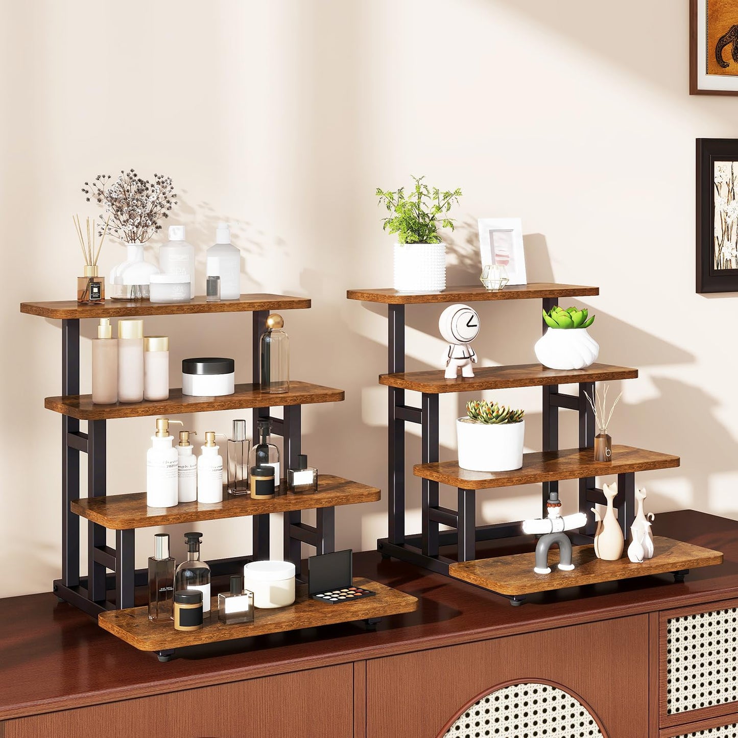 IBUYKE 4 Tier cupcake stand, Set of 2,Wooden Risers Display Stands Serving Trays,Tiered Display Stand,Dessert Table Display for Party,Afternoon Tea,Rustic Brown UTLJ018H-2